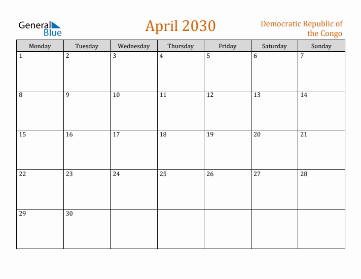 April 2030 Holiday Calendar with Monday Start