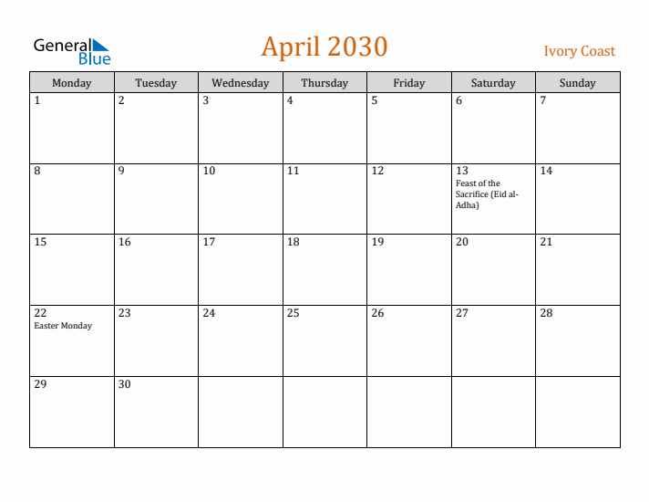 April 2030 Holiday Calendar with Monday Start