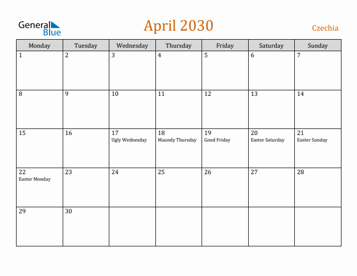 April 2030 Holiday Calendar with Monday Start