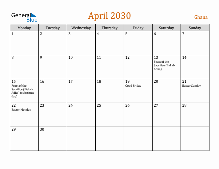 April 2030 Holiday Calendar with Monday Start
