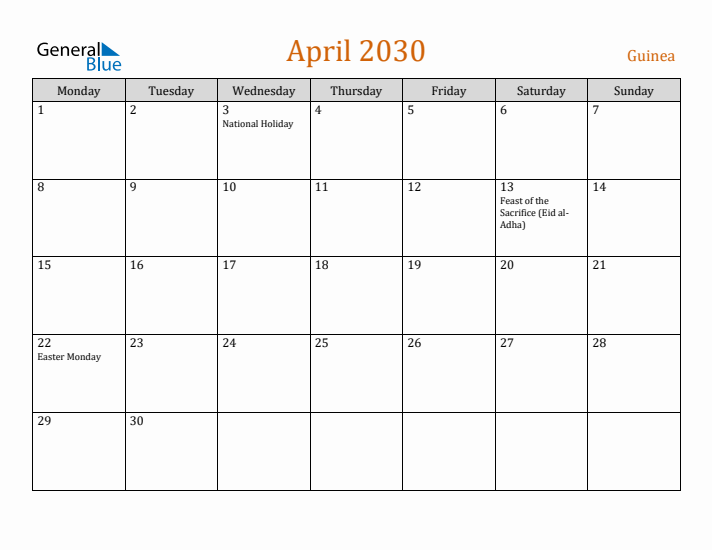 April 2030 Holiday Calendar with Monday Start