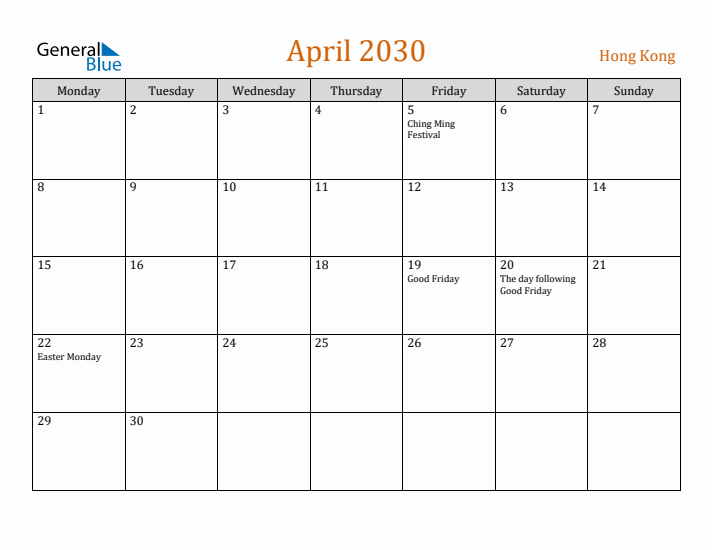 April 2030 Holiday Calendar with Monday Start
