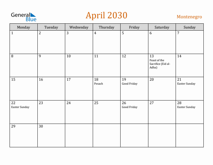 April 2030 Holiday Calendar with Monday Start