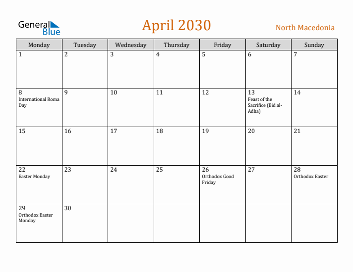 April 2030 Holiday Calendar with Monday Start