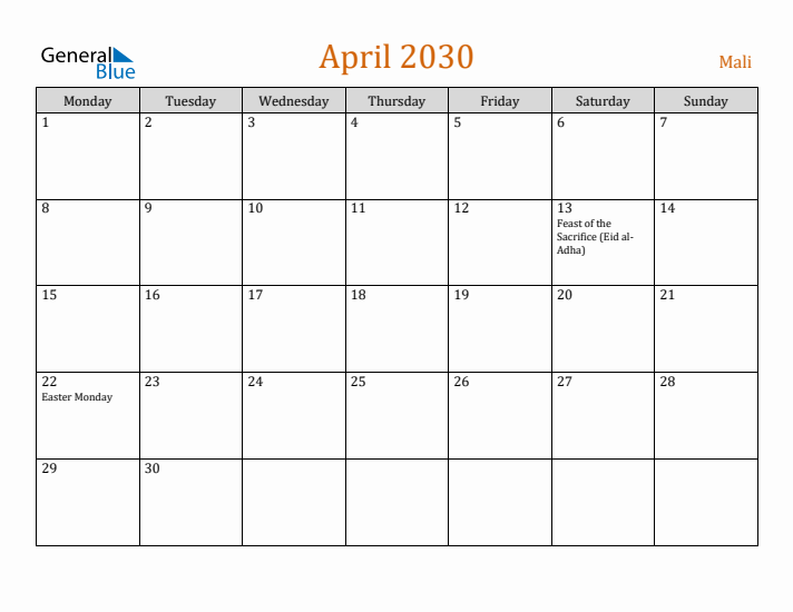 April 2030 Holiday Calendar with Monday Start