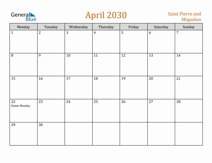 April 2030 Holiday Calendar with Monday Start