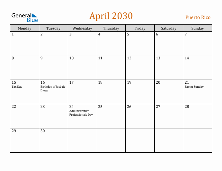 April 2030 Holiday Calendar with Monday Start