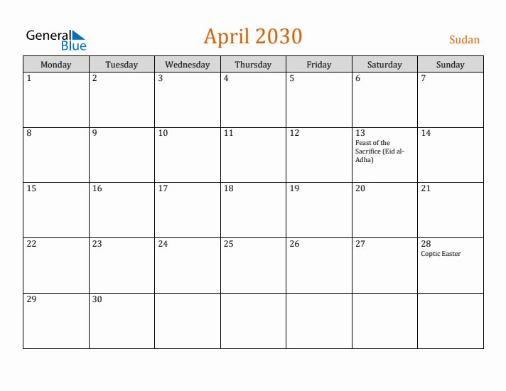 April 2030 Holiday Calendar with Monday Start