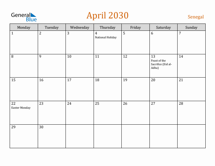 April 2030 Holiday Calendar with Monday Start
