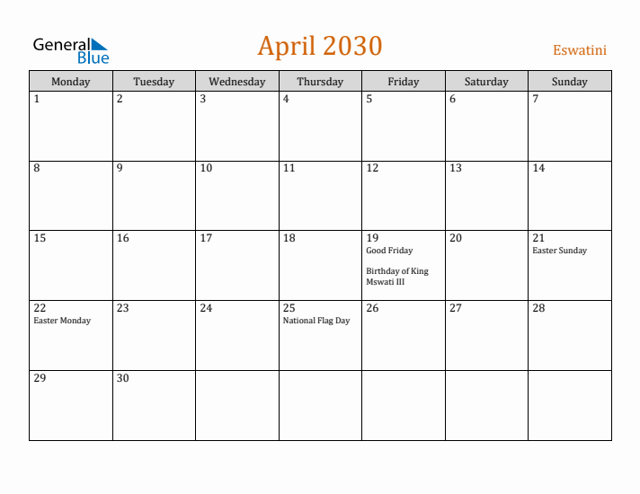 April 2030 Holiday Calendar with Monday Start