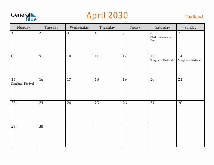 April 2030 Holiday Calendar with Monday Start