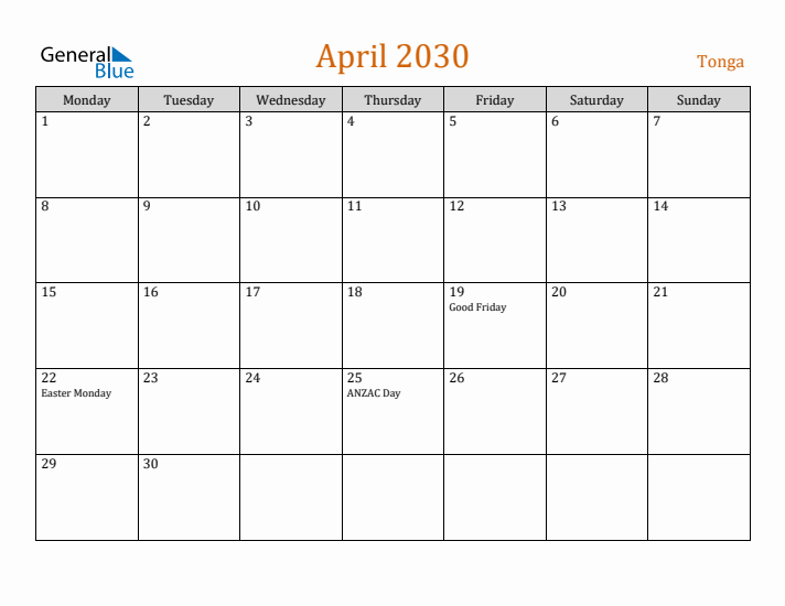 April 2030 Holiday Calendar with Monday Start