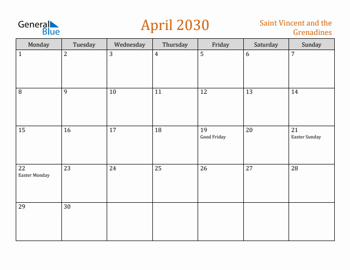 April 2030 Holiday Calendar with Monday Start