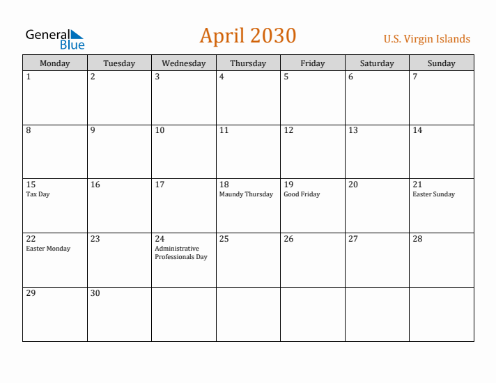 April 2030 Holiday Calendar with Monday Start