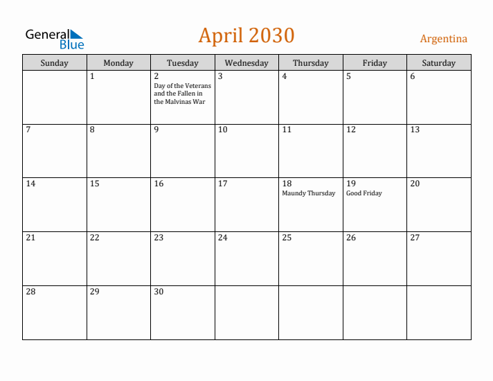 April 2030 Holiday Calendar with Sunday Start