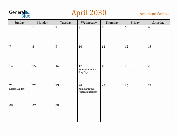 April 2030 Holiday Calendar with Sunday Start