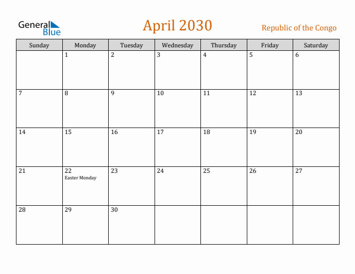 April 2030 Holiday Calendar with Sunday Start