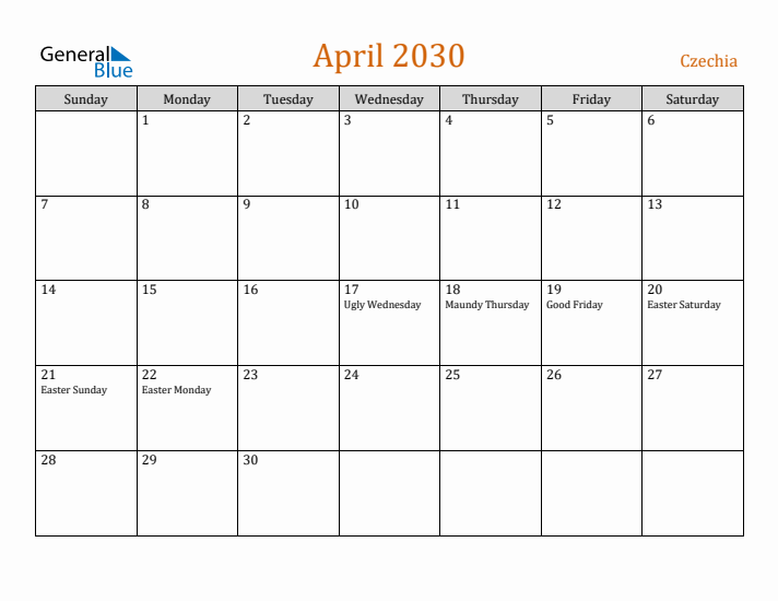 April 2030 Holiday Calendar with Sunday Start