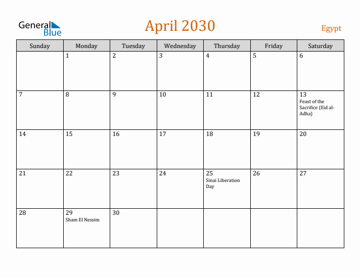 April 2030 Holiday Calendar with Sunday Start