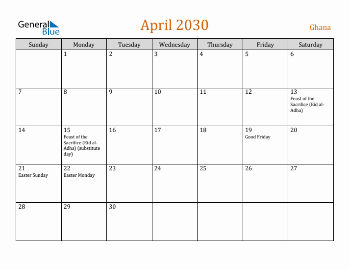 April 2030 Holiday Calendar with Sunday Start