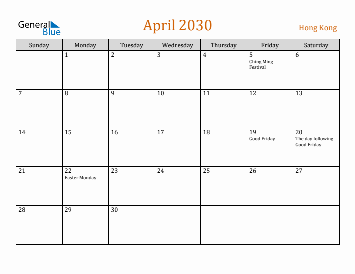 April 2030 Holiday Calendar with Sunday Start