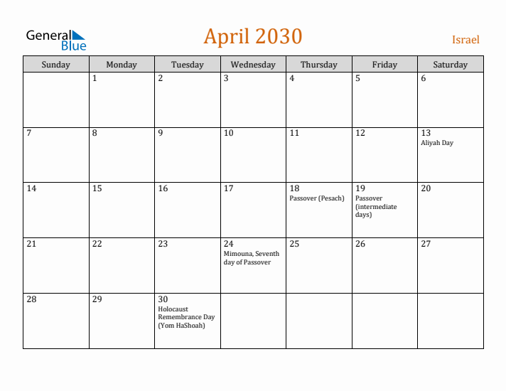 April 2030 Holiday Calendar with Sunday Start