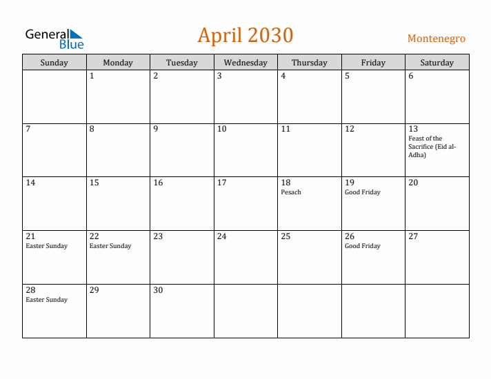 April 2030 Holiday Calendar with Sunday Start