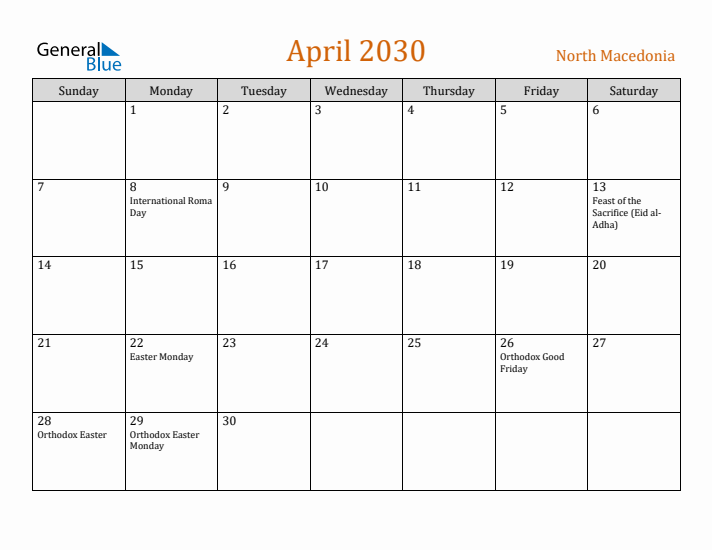 April 2030 Holiday Calendar with Sunday Start