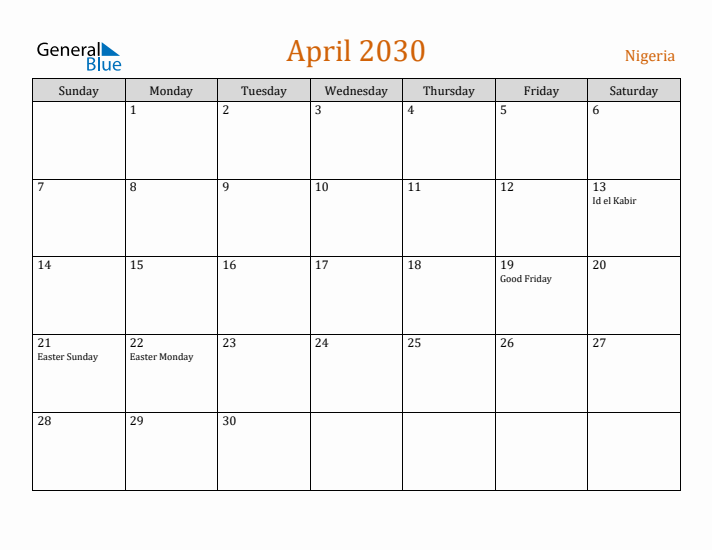April 2030 Holiday Calendar with Sunday Start