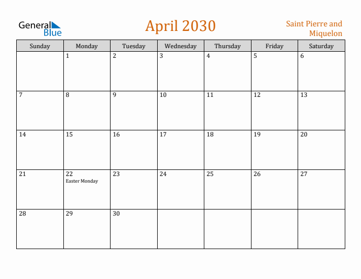 April 2030 Holiday Calendar with Sunday Start