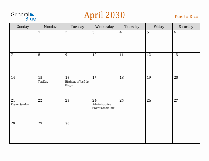 April 2030 Holiday Calendar with Sunday Start