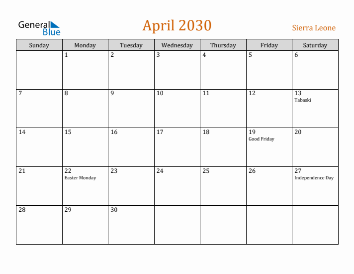 April 2030 Holiday Calendar with Sunday Start