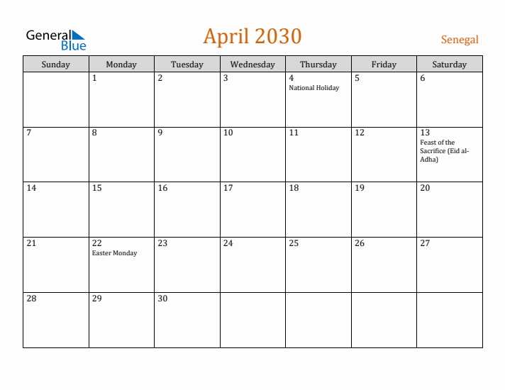 April 2030 Holiday Calendar with Sunday Start