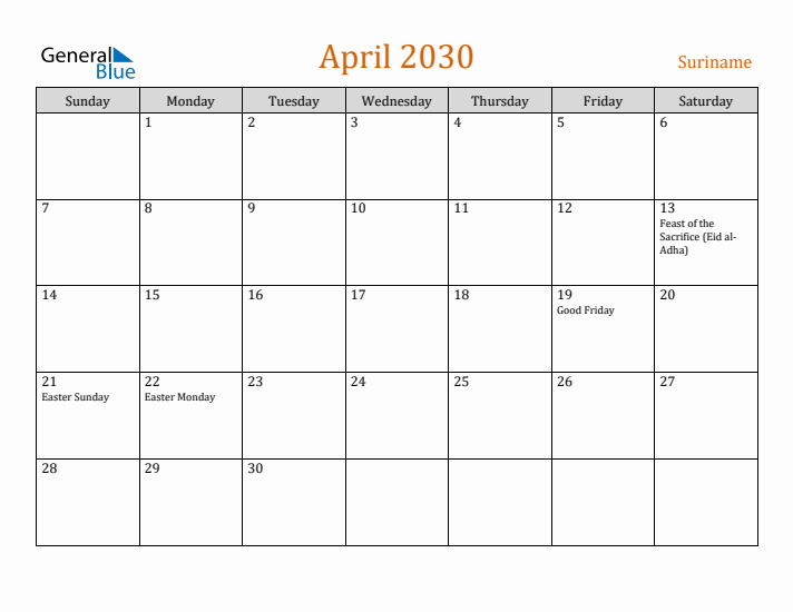 April 2030 Holiday Calendar with Sunday Start