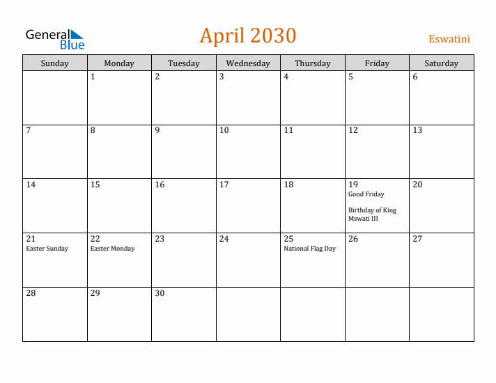 April 2030 Holiday Calendar with Sunday Start