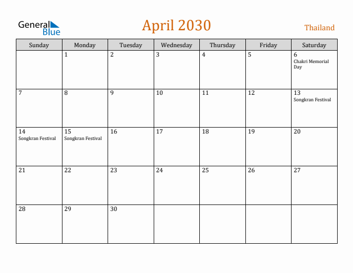 April 2030 Holiday Calendar with Sunday Start