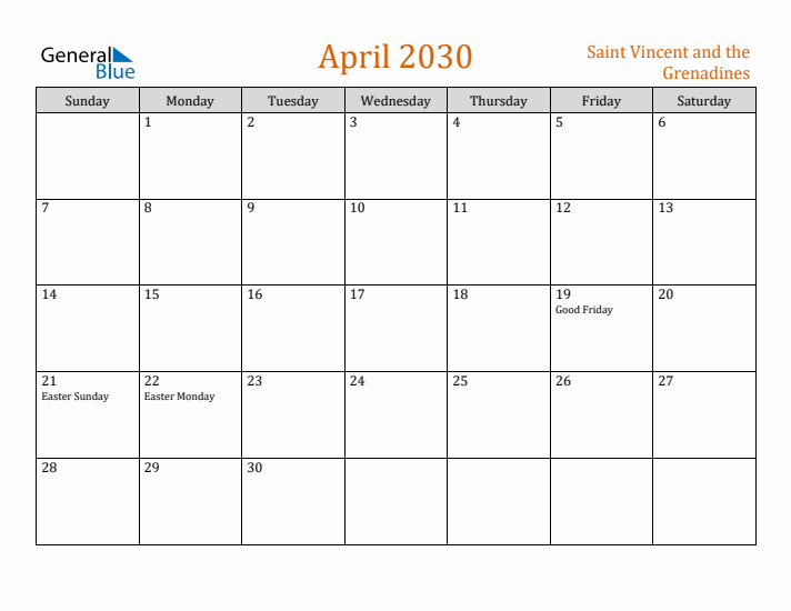 April 2030 Holiday Calendar with Sunday Start