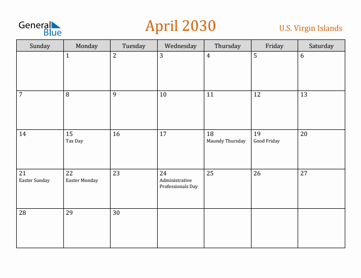 April 2030 Holiday Calendar with Sunday Start