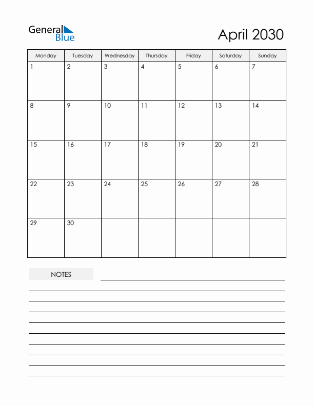 Printable Calendar with Notes - April 2030 