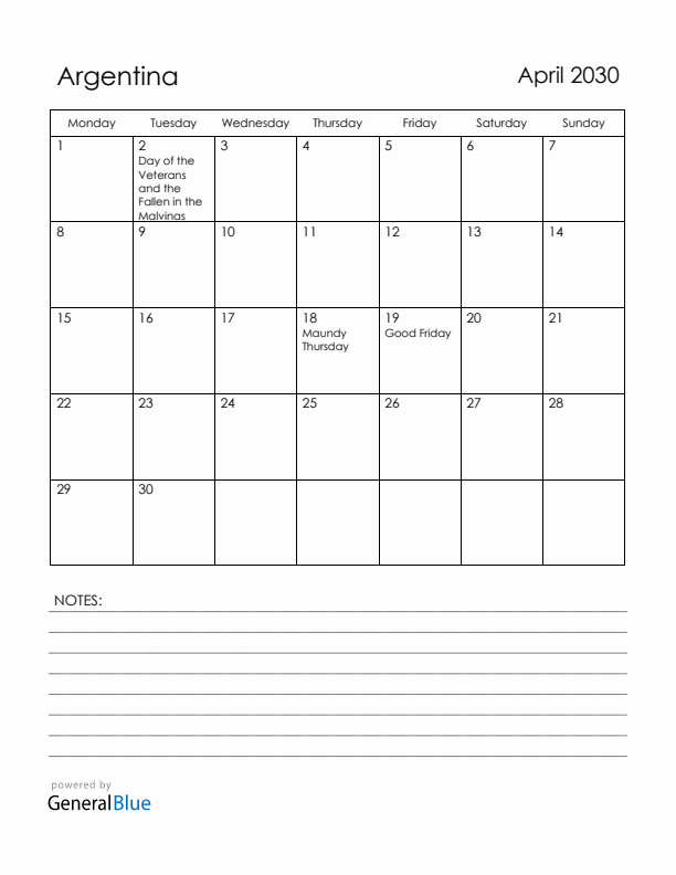 April 2030 Argentina Calendar with Holidays (Monday Start)