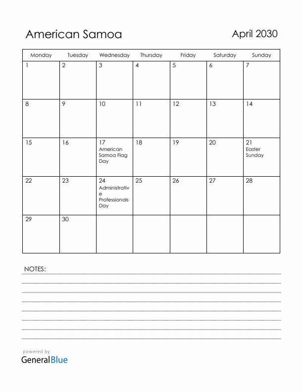April 2030 American Samoa Calendar with Holidays (Monday Start)