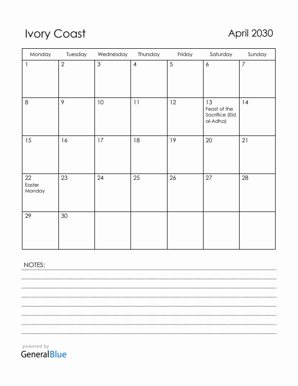 April 2030 Ivory Coast Calendar with Holidays (Monday Start)