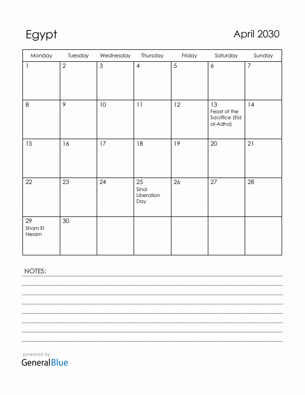 April 2030 Egypt Calendar with Holidays (Monday Start)