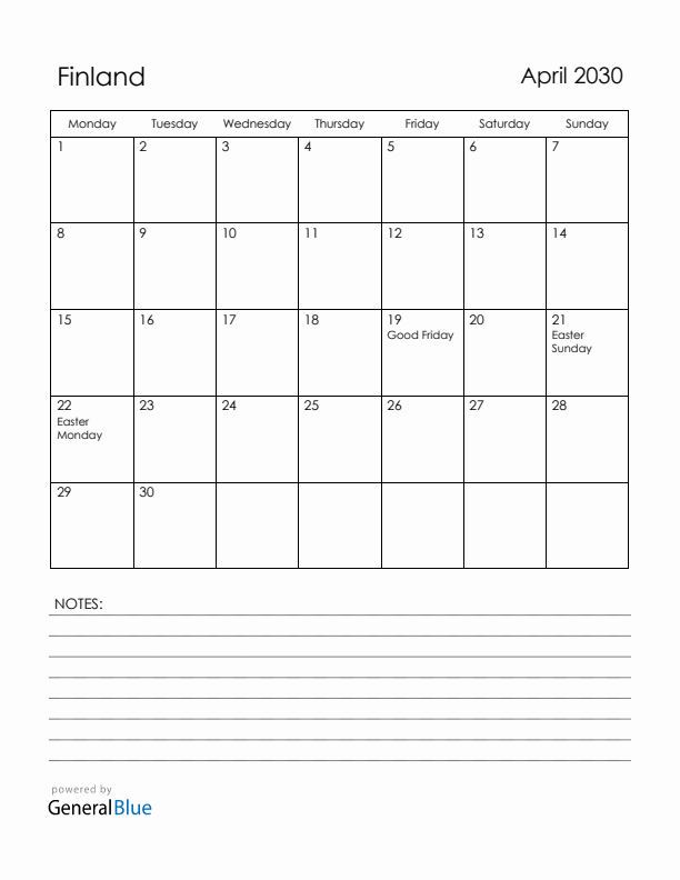 April 2030 Finland Calendar with Holidays (Monday Start)