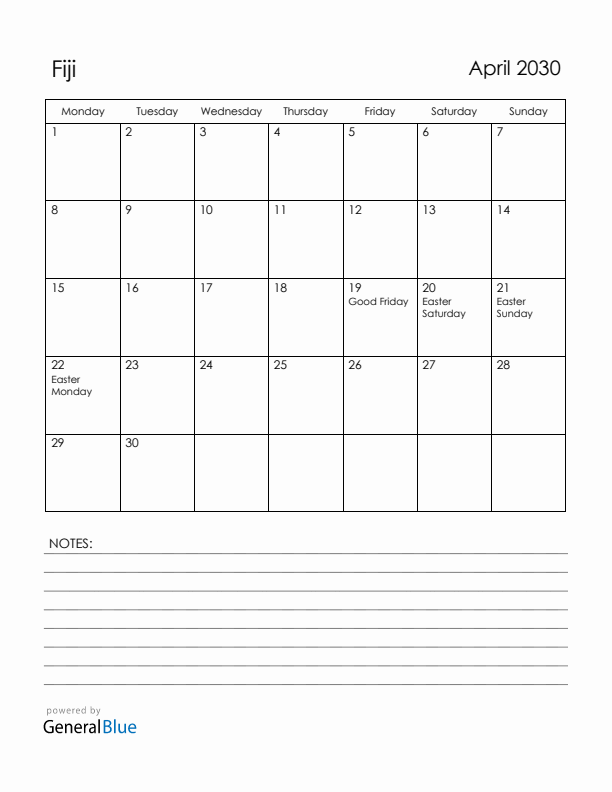 April 2030 Fiji Calendar with Holidays (Monday Start)