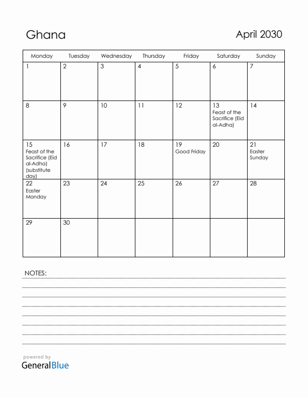 April 2030 Ghana Calendar with Holidays (Monday Start)