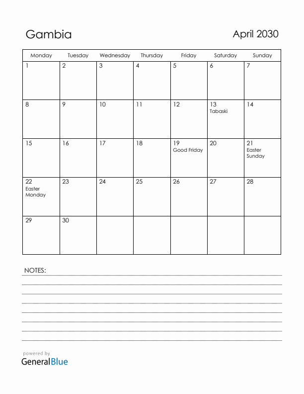 April 2030 Gambia Calendar with Holidays (Monday Start)