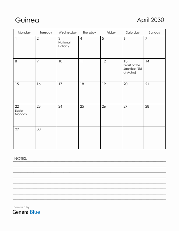 April 2030 Guinea Calendar with Holidays (Monday Start)