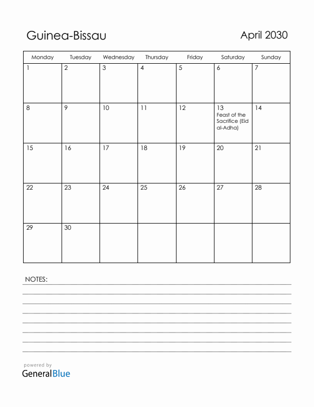 April 2030 Guinea-Bissau Calendar with Holidays (Monday Start)