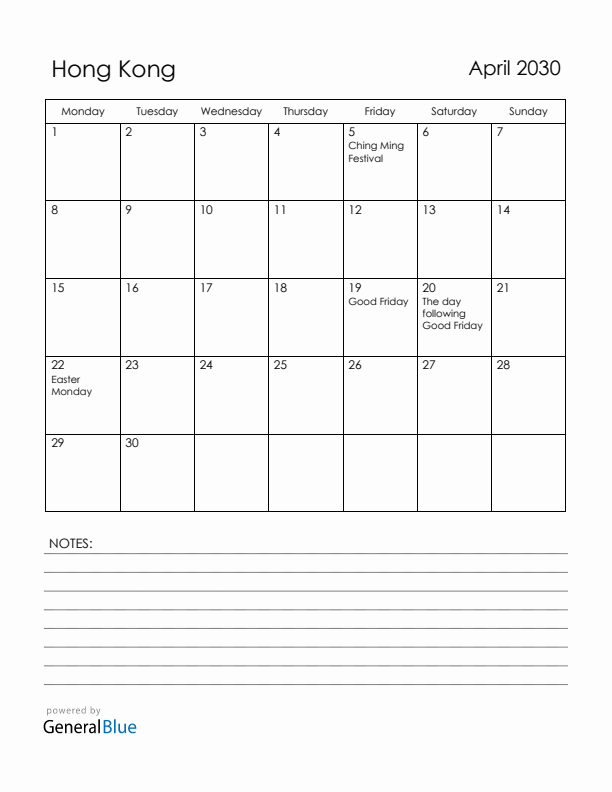 April 2030 Hong Kong Calendar with Holidays (Monday Start)